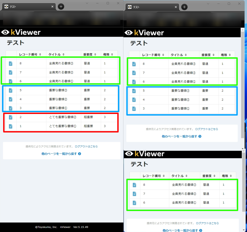 kintoneapp認証を使った権限による閲覧制限の結果の画像