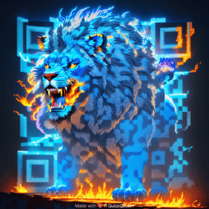 ライオンを生成AIで作ったQRコード。プロンプト「Mad angry Lion in glowing blue color looks like he is going to explode in so many fire places lightning around him, photorealism, octane render, 8k, HD, trending on artstation.」