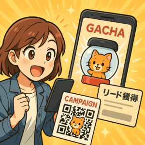 生成AIでキャンペーンのオリジナルキャラクター入りのQRコードを読み取ってガチャを引いている様子