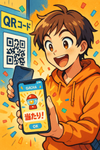 QRコードを読み取ってスマホでガチャを引いて当たりがでた様子