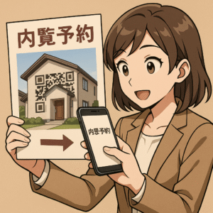 不動産業界で物件の外観画像を背景にしたQRコードつきチラシから内覧予約へ誘導する様子