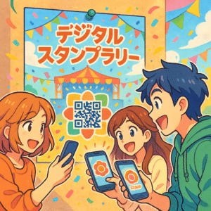 イベント業界でデジタルスタンプラリーイベントチラシにQRコードが溶け込んでいて読み取っている様子