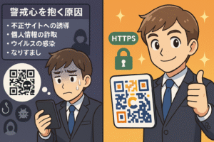 悪用への警戒心からQRコードのスキャンをためらわれる様子とセキュリティ対策ができている様子