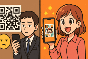 ロゴやキャラクターをQRコードに組み込むことで、スキャン率向上する様子