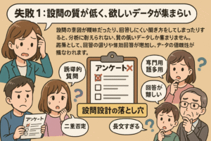 アンケートの設問の質が低く、欲しいデータが集まらないイメージ