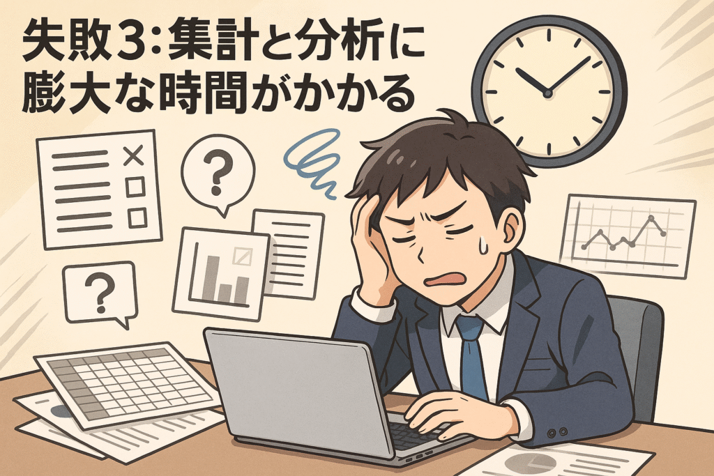 アンケートの集計と分析に膨大な時間がかかってしまう様子