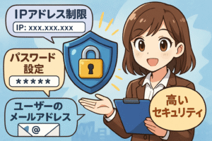 WebアンケートフォームにおいてIPアドレス制限やパスワード設定による、高いセキュリティの確保が大事である様子