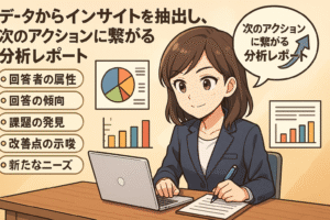 Webアンケートを代行することで、データからインサイトを抽出し、次のアクションに繋がる分析レポートが得られる様子