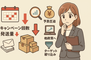 キャンペーンイベント回数や発送量の減少は、コスト増によって懸念されるDM施策のリスクである様子