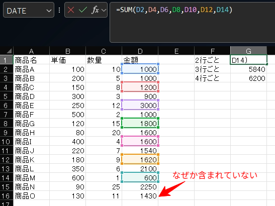N行ごとの集計が実行された様子