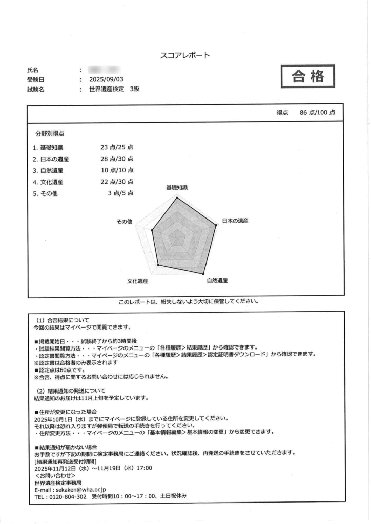 世界遺産検定3級結果レポート