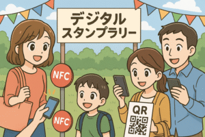 地域の町おこしイベントや商業施設での買い回り企画などでデジタルスタンプラリーをやっている様子