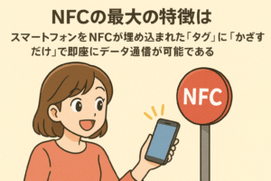 NFCの最大の特徴は、専用のアプリを起動したり、カメラを立ち上げたりする必要がなく、スマートフォンをNFCが埋め込まれた「タグ」に「かざすだけ」で即座にデータ通信が可能である様子