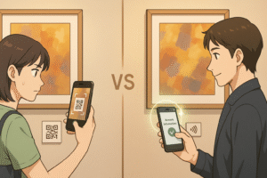 美術館でアートの詳細情報を確認するため、アートの横にあるQRコードを読み取る場合とNFCでタッチする場合