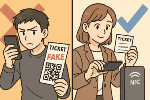 QRコードは偽造チケットなどになりやすいが、NFCだと偽造防止ができるという様子