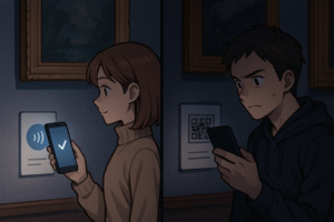 暗がりの美術館で、絵画の横にある説明をスマホで読み取る際に、NFCはタッチするだけで読み取れるが、QRコードは暗くて読み取りづらいという様子