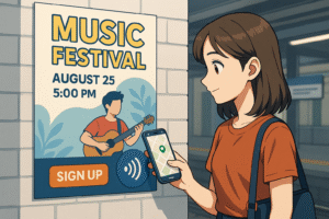 イベントポスター・チラシ × NFCの例として、街角や駅に貼られたイベントポスター。興味を持った人がNFCタグにかざすだけで、その場で「イベント申込フォーム」や「会場までのGoogleマップ」が表示される様子