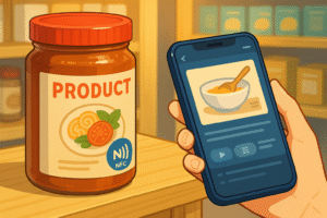 商品パッケージ・ラベル × NFCの例として、商品のパッケージが、「かざすだけ」で「詳細な使い方動画」や「アレルギー情報」、「おすすめの関連レシピ」などにアクセスさせることが可能である様子