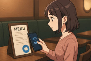 飲食店メニュー × NFCの例として、かざすだけで「多言語メニュー」を表示させたり、そのまま「モバイルオーダー（注文）ページ」へ誘導する様子