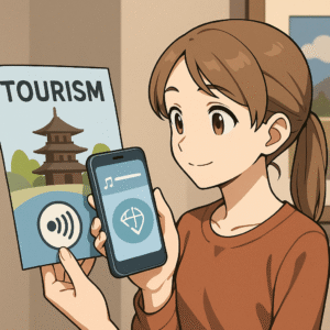 観光パンフレット × NFCの例として、かざした人にだけ「限定の音声ガイド」を提供したり、次の目的地までの「関連情報サイト」を表示させたりと、スタンプラリーのような周遊企画にも応用できる様子