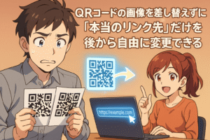 QRコードの画像を差し替えずに「本当のリンク先」だけを後から自由に変更できる様子