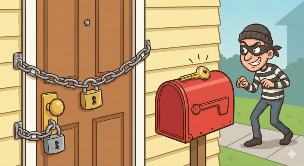 「玄関の鍵とポスト」の例え話イラスト