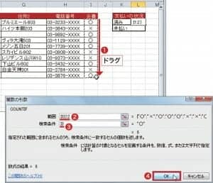 図11 「 関数の引数」画面の「範囲」をクリックし、表の「会費」欄のI3 セルからI12 セルをドラグ(1)。「I3:I12」と表示される(2)。「検索条件」を選び、「○」が入ったセル(ここではI3)をクリックする(3)。「OK」をクリックする(4)。