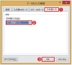 図4 「日本語入力」タブの「日本語入力」で「オフ（英語モード）」を選択し、セルを選択したとき自動的に日本語入力がオフになるようにした。「OK」で「データの入力規則」の設定を完了する。