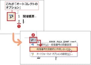 図1 「1」で始まる行で改行すると、次行で「2」と自動入力される場合がある（1）。すぐに解除したい場合は「オートコレクトのオプション」をクリックし、「～自動的に作成しない」をクリックする（2）。